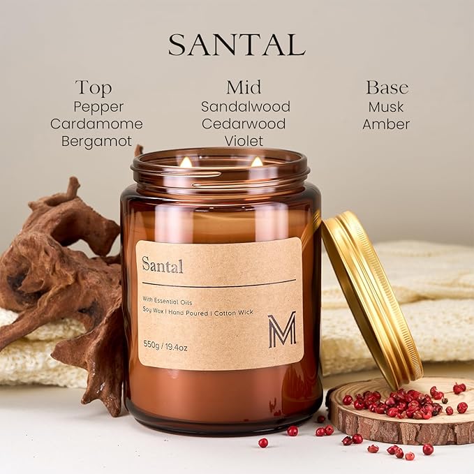 M&SENSE Santal Scented Christmas Candle Gift | 19.4oz, 115-Hour Burn | Natural Organic Soy Wax | Long-Lasting for Stress Relief and Gifting | for Christmas, Thanksgiving, Holiday