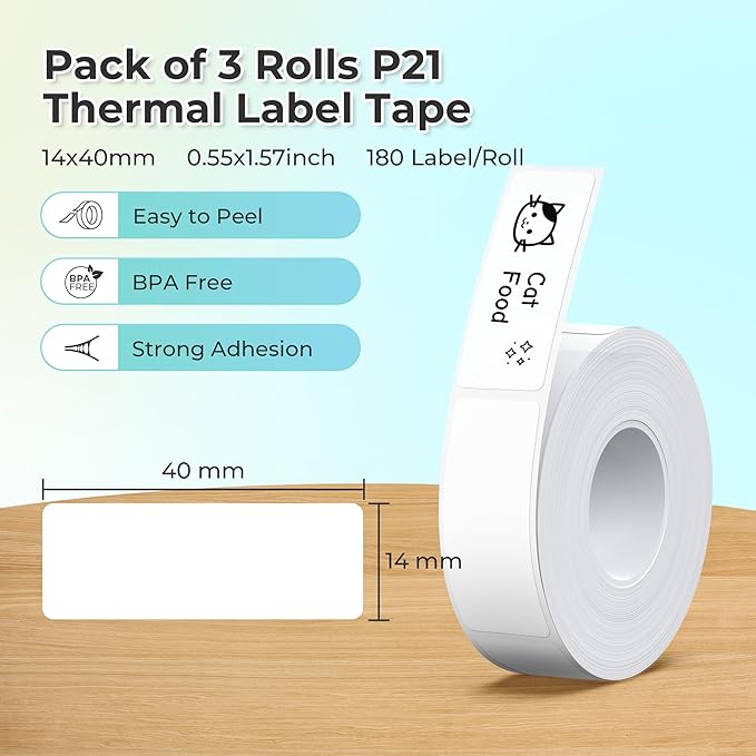 NELKO Genuine P21 Label Maker Tape, Adapted Label Print Paper, 14x40mm (0.55"x1.57"), Standard Laminated Office Labeling Tape Replacement, Multipurpose of P21, 180 Labels/Roll, 3-Roll, White