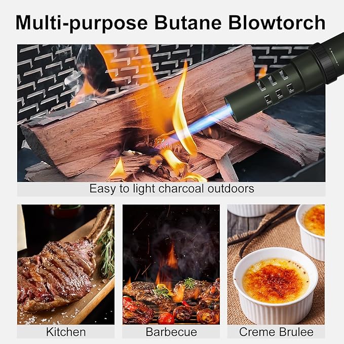 Camping Lighter, Torch Lighter, Windproof Jet Flame Butane Refillable Adjustable Flame with Safety Lock&Fule Guage for Campfires Kitchen Hiking Candles Fireplace BBQ Outdoor Camping Essentials(Green)