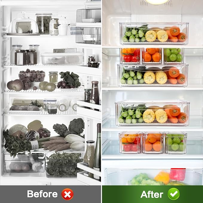 4 Pack Fridge Organizer, Stackable Refrigerator Organizer Bins with Lids, BPA-Free Fridge Organizers and Storage Containers for Fruit, Vegetable, Food, Drinks, Cereals, Clear