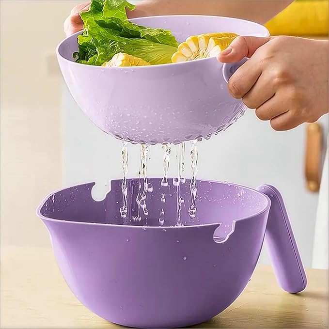 2-1 Kitchen Colander Rotating Washing Basket with Handle -home & kitchen Food Strainers and Colanders-Pasta Strainer-fruit and vegetable washing bowl-kitchen must haves (Lilac Purple)