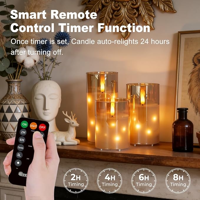Rechargeable Glass LED Flameless Candles, Embedded Star String Flickering Flameless Candles for Romantic Ambiance and Home Decoration with Remote & Timer(Gold)