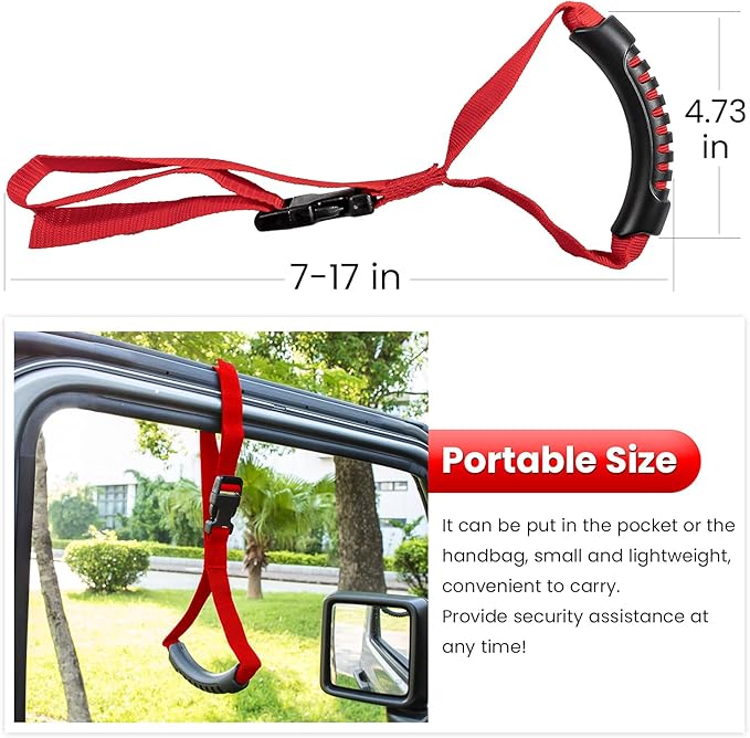 Cowlboy Auto Cane Grab Bar - Adjustable Standing Aid with Nylon Grip Handle - Portable Vehicle Support - Red