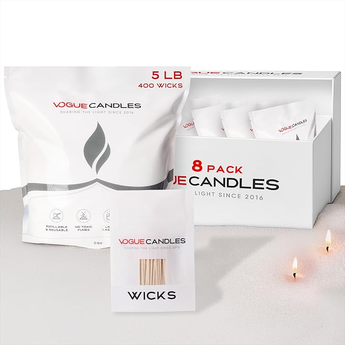 Vogue Candles White Pearled Candle Sand Wax (5 LB) – Mother’s Day Candle Kit with 400 Cotton Wicks for DIY Home Lighting – Plant-Based & Reusable Wax Granules Refill for Custom Vessels (8 Pack)