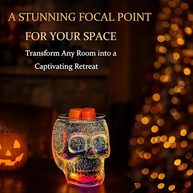 Wax Melt Warmer, Wax Warmer for Scented Wax with Light Bulb, Electric Skull Wax Burner, Halloween Fragrance Wax Melter for Home and Gifts (Rainbow Skull)