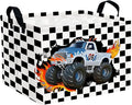 Racing Car Storage Basket Monster Truck Toy Book Shelf Basket Kid Room Decor Gift (Black and White Checkered)