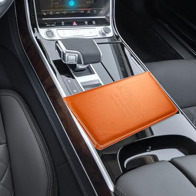 Car Registration and Insurance Card Holder - Leather Vehicle Glove Box Automobile Documents Paperwork Wallet Case Organizer for ID, Driver's License, Key Contact Information Cards