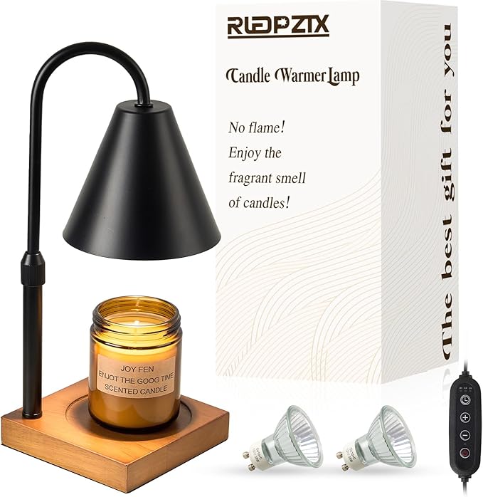 Electric Candle Warmer Lamp with Timer: Candle Warmer Lamp Adjustable Height for All Size Jar Candles, Dimmable Candle Warmer Light with 2 Bulbs for Bedroom Home Decor, Gifts for Women, Black