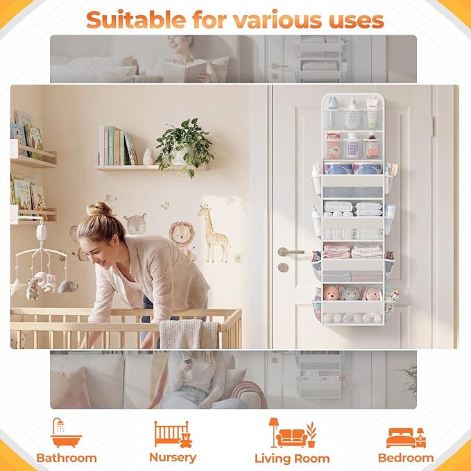6-Tier Over the Door Organizer with Mesh Pockets, Baby Nursery Storage for Closet, Bathroom and Bedroom, Adjustable Hanging Closet Organizer for Cosmetics, Books and Essentials (Beige)