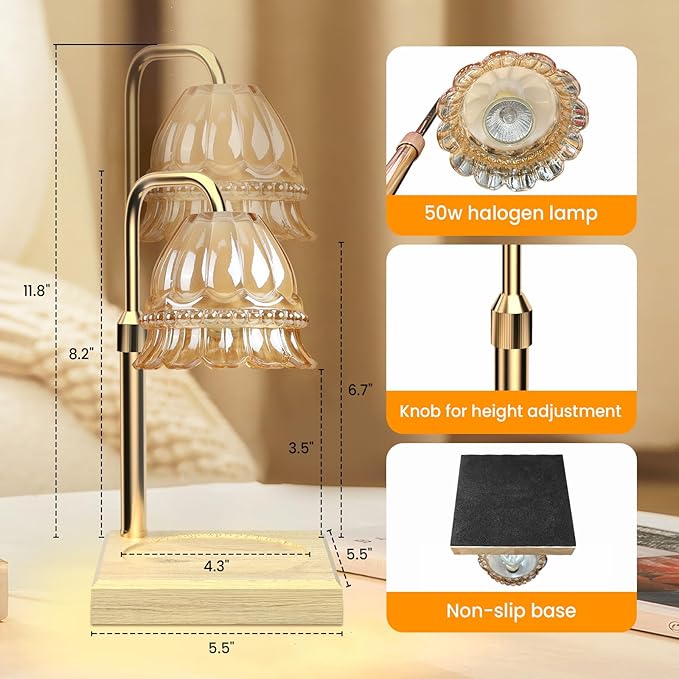 AUGOSTA Candle Warmer Lamp with Timer and Dimmer, Birthday Gifts for Women Mom, Adjustable Height Vintage Candle Lamp with 2 Bulbs for Jar Candles Home Kitchen Office Living Room Decor (Gold)