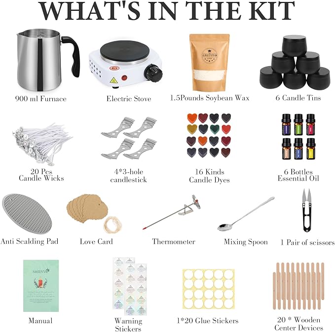 SAEUYVB Candle Making Kit,Easy to Make Colored Candle Soy Wax Kit,Including Soy Wax, Wicks,Melting Pot, Tins and More