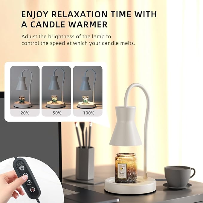 LALISU Candle Warmer Lamp with Timer and Dimmer, Vintage Electric Candle Melter with 2 Bulbs, Melter Scented Candle Height Adjustable Compatible with Jar Candles, House Warming Gifts (White)