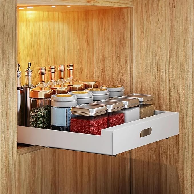 1 Pack Pull Out Cabinet Organizer Adhesive, 12'' W x 16.9"D x 3.1'' H Heavy Duty Carbon Slide Out Pantry Shelves, Sliding Drawer Pull Out Pantry Shelves for Kitchen, Living Room, Home