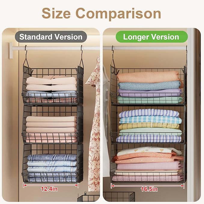 Jautokerdar 3 Tier Closet Hanging Shelves with Divider, Extra Large Closet Organizers and Storage, Clothes Hanging Organizer Clothing Sweaters Handbags Clutches Accessories