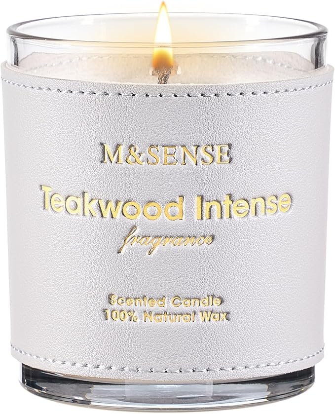 M&SENSE Teakwood Scented Soy Candles, Vegan Non Toxic 10oz 42-Hour Clean Burn, Relaxing Aromatherapy Candle for Stress Relief, Spa, Meditation, Men Valentines Candle Gifts for Him