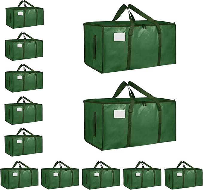 12 Pack-Extra Large Heavy Duty Moving Bags - Waterproof Storage Totes with Handles & Zippers, Foldable for College Dorm, Storage (olive green)