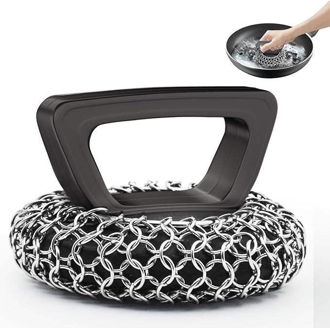 Amagabeli Cast Iron Cleaner with Handle Stainless Steel Chainmail Pan Scrubber for Cast Iron Skillet Cleaner Chain Mail Scrubber Brush Pan Pot Wok Griddles BBQ Grills