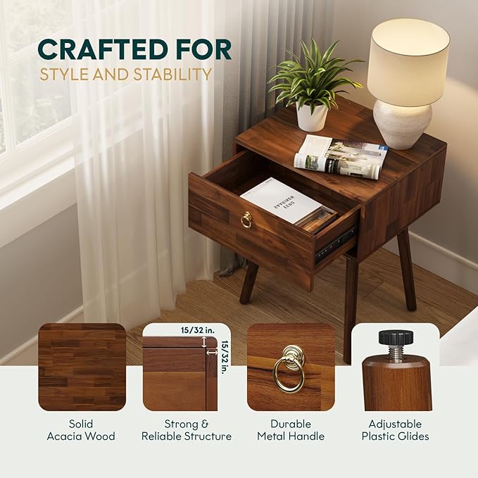 Bme Alden Solid Wood Nightstand/Side Table/End Table, Fully Assembled, with 1-Drawer for Mid Century Bedroom and Living Room, (12mm), Dark Chocolate