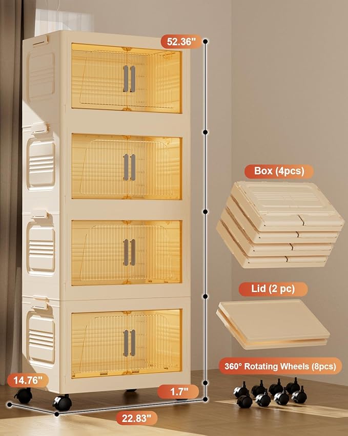 Stackable Storage Bins with Lids, 76QT Storage Containers with Smooth-Rolling Wheels, Plastic Closet Organizers and Storage, Collapsible Storage Bins for Home, Office and Dorm（4 Pack）