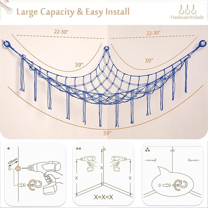YKBU Stuffed Animals Hammock Corner Hanging Net Macrame Stuffed Animal Storage Plush Toy Holder Toy Organizer for Boho Nursery Playroom Bedroom Kids Room (blue, m)