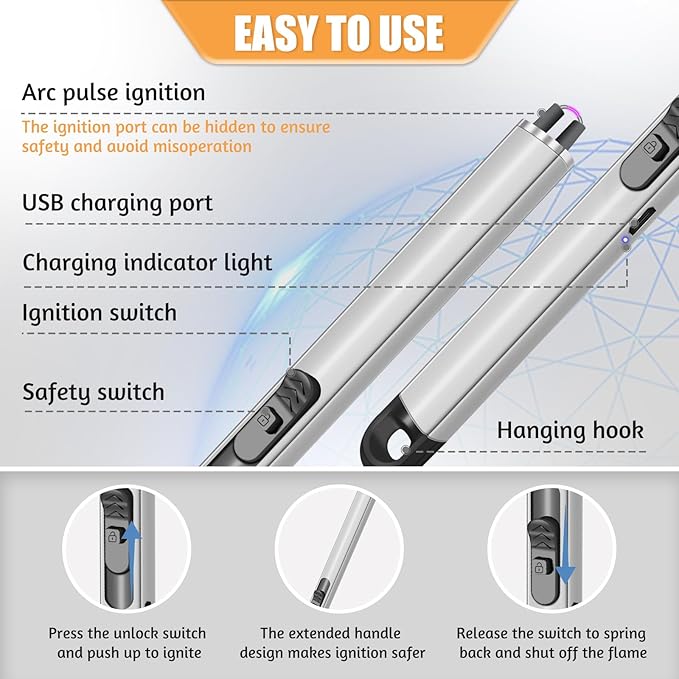 2 Pack Electric Candle Lighters, USB Rechargeable Lighter with Windproof Flameless & Extended Handle, Suitable for Candles, BBQ, Camping, Gas Stove, Festivals Gift (Sliver, 2 Packs-B)