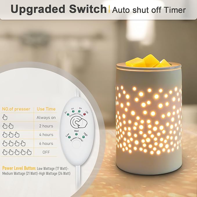 Wax Melts Candle Warmer Burner - Ceramic Electric Candle Waxing Warmer Melter Timer Adjust Fragrance Intensity Auto Shut Off for Scented Wax Tart Cube Aromatherapy Home Office Bedroom Decor Gifts