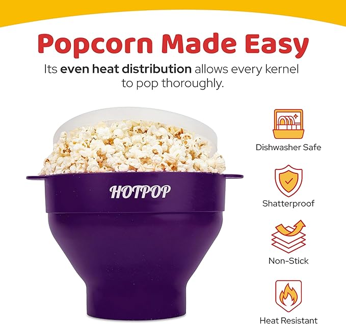 The Original Hotpop Microwave Popcorn Popper, Silicone Popcorn Maker, Collapsible Bowl BPA-Free and Dishwasher Safe- 20 Colors Available (Dark Orchid)