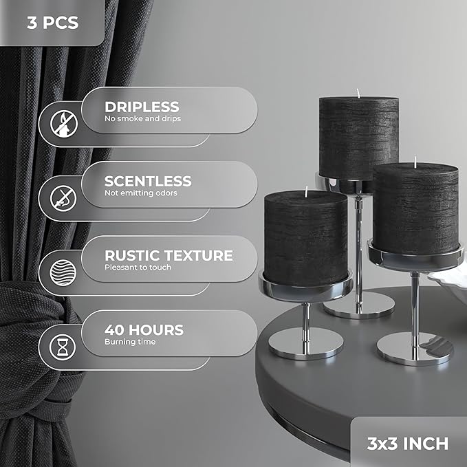 CANDWAX 3x3 Pillar Candles Set of 3 - Rustic Unscented No Drip Black Candles for Halloween Decor, Parties, Gothic Décor