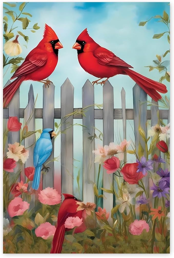 GUAIEUW Fence Red Bird Flowers Diamond Painting Kit for Adults, Full Round Diamond Cardinal Bird 5D Diamond Painting DIY Art Crafts for Winter Home Wall Decor Holiday Gift 20x24 Inch