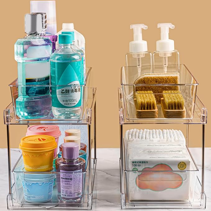 2 Pack 2-Tier Bathroom Under Sink Organizers and Storage - Clear Stackable Containers for Kitchen, Pantry, Vanity, Medicine Cabinet, Makeup, and Counter with Pull-Out Track