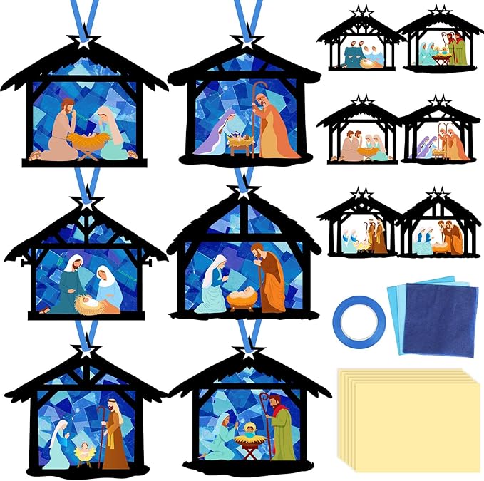 Qyeahkj 36 Set Christmas Nativity Suncatchers Crafts for DIY Nativity Scene Window Tissue Paper Craft Kit Hanging Decor for Xmas Holiday Home Activity Art Project Birthday Party Favor Gift