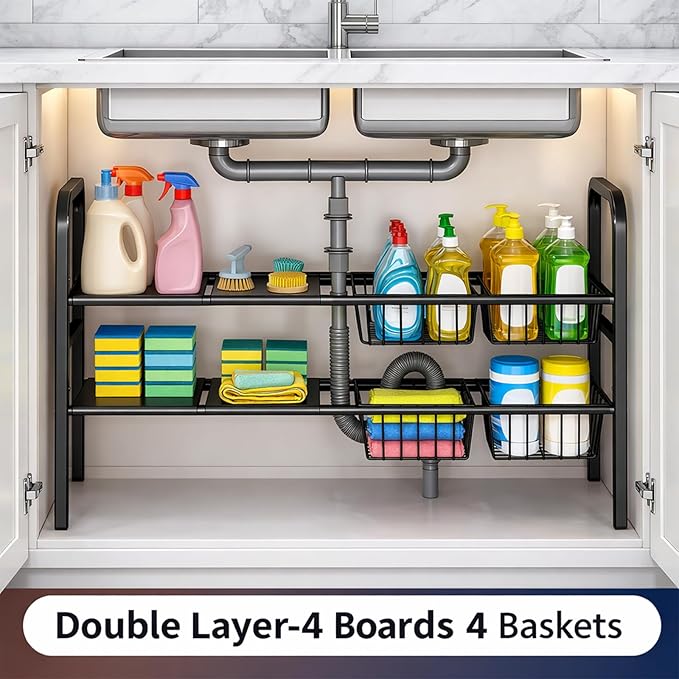 Under Sink Organizers – Expandable 2 Tier Under Cabinet Storage Rack with Adjustable Shelves, 4 Baskets & Panels, Heavy Duty Metal, Fits Around Pipes for Kitchen & Bathroom (White)