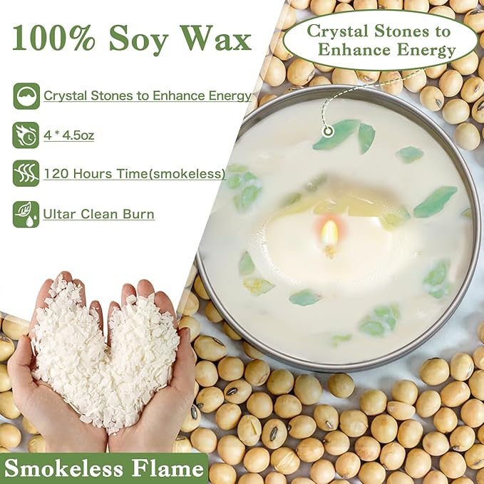 4 Pack Sage Candles, White Sage Candle with Crystal Healing Stones for Cleansing House Negative Energy Smudge Kit, Natural Soy Wax Aromatherapy Candles Gift Set Spiritual Meditation Housewarming Gifts