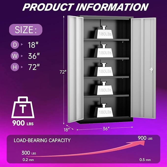 Superday Metal Storage Cabinets, 72" Storage Cabinet with Locking Door, Tall Garage Cabinet with 2 Doors and 4 Adjustable Shelves for Home Office, Classroom, Easy Assemble(Black Grey)