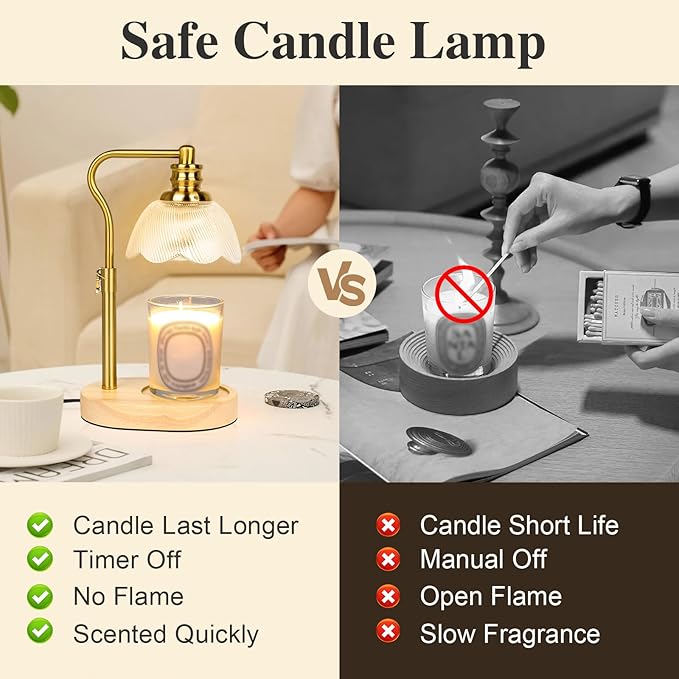 Electric Candle Warmer Lamp with Timer and Dimmer,Height Adjustable and Auto Shup-Off Light Lamps with 2 Bulbs,Fits Wax Melts Scented Warmers Jar Candles,Flameless Home Decor and Gifts