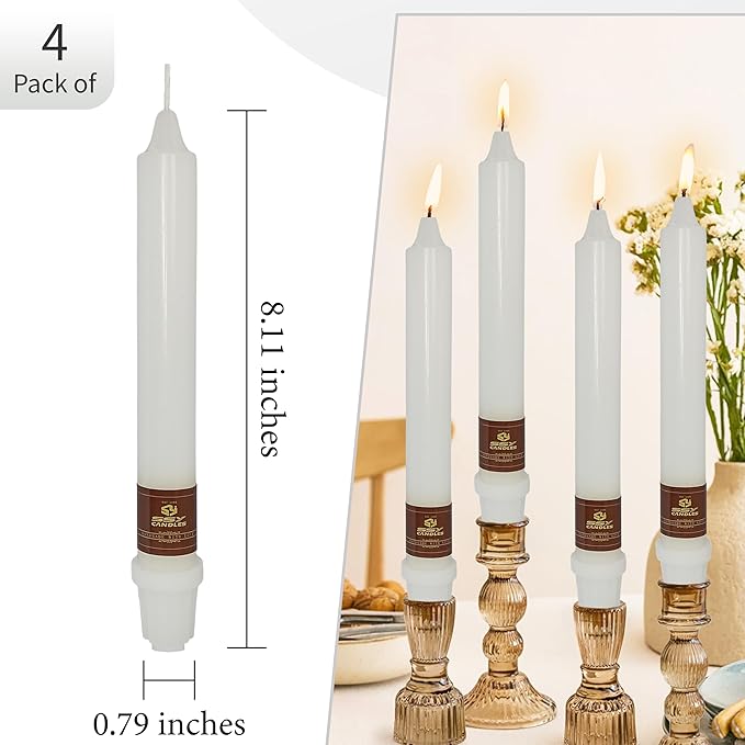 White Wedding Unscented Tapered Candle 8 inch Short Candle 4 PCS Smokeless Candlesticks Long-Burn for Home Dinner Wedding Party Decoration