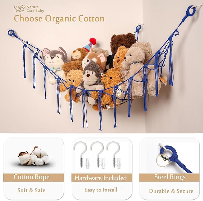 YKBU Stuffed Animals Hammock Corner Hanging Net Macrame Stuffed Animal Storage Plush Toy Holder Toy Organizer for Boho Nursery Playroom Bedroom Kids Room (blue, m)