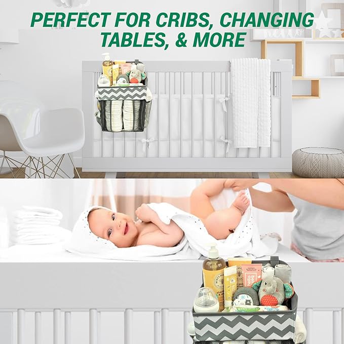 Hanging Diaper Caddy Organizer - Large Nursery Storage for Essential Newborn Baby Items - 2 Compartments, 3 Mesh Pockets - Durable Hooks to Hang on Bassinet, Changing Table, Crib