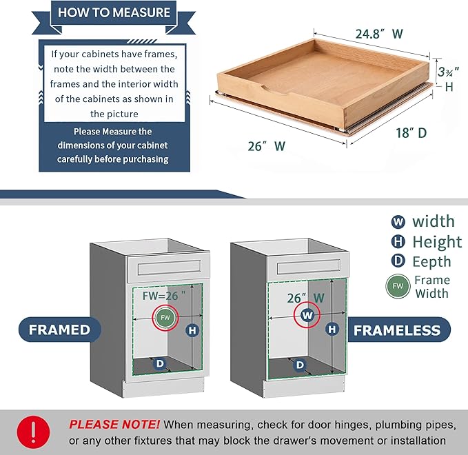 Pull Out Cabinet Drawers - 6x2 Size Options (12-23'W,18-21'D), Pre-Assembled with Soft Close Slides, Solid Beechwood, Easy Installation(26'W x 18'D)