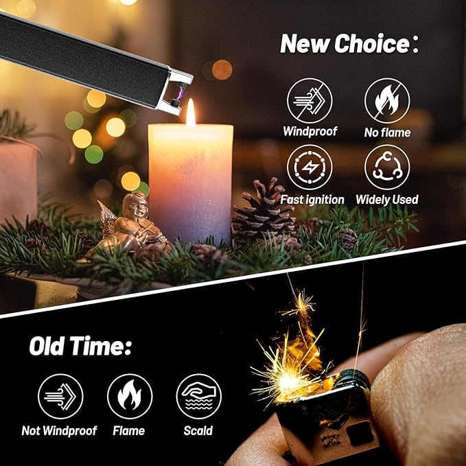 Electric Candle Lighter, Windproof, Safety Lock, USB Type-C, Rechargeable Lighter with Led Display, for Candle BBQ Camping Festivals (Black)