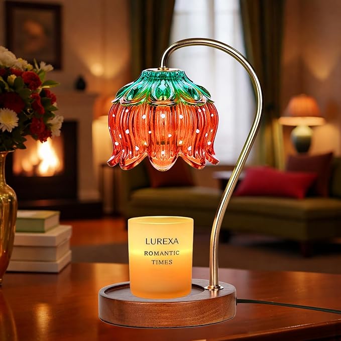 Candle Warmer Lamp with Timer, Dimmable Wax Melt Lamp for Large & Standard Jar Candles, Includes 2 GU10 Bulbs, Elegant Vintage Home Decor Gift for Women & Mom (A1-Strawberry Lotus)