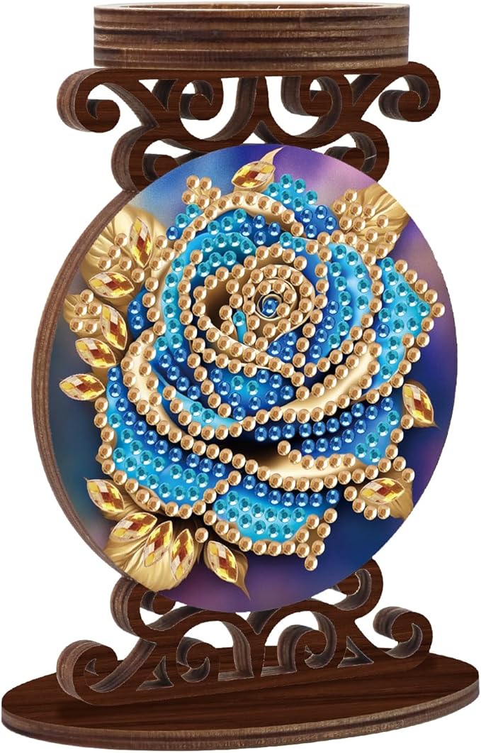 Diamond Art Painting Candlestick Holder kits, Blue Rose DIY shaped crystal Diamond art painting, woodiness Candle holder for AromaRelax & Home Decor, Christmas Halloween Ornaments (Double-Sided)