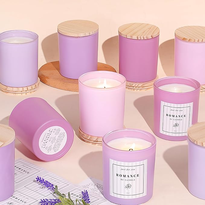 12Pcs Assorted Purple Candle Jars for Making Candles, 10oz Empty Candle Jars with Bamboo Lids and Labels, Glass Jars for Candle Making Supplies, Candle Containers for DIY Gifts