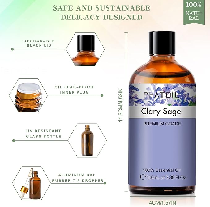 PHATOIL 3.38FL.OZ Clary Sage Essential Oil for Aromatherapy Diffusers with Glass Dropper, Humidifiers, Great for DIY Candle and Soap Making, Huge 100ML Bottle