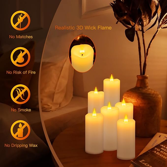 Rechargeable Flameless Candles with Remote and Timer, 9-Pack Flickering LED USBC Pillar Candles Coated with Real Wax for Halloween, Christmas, Home, Wedding & Holiday Decor (Six Sizes, White)