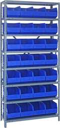 Quantum Storage Systems 1275-443BL Solid Heavy Duty 8 Shelves 28 Stackable Shelf Bins Blue Bins 75" H x 36" W x 12" D