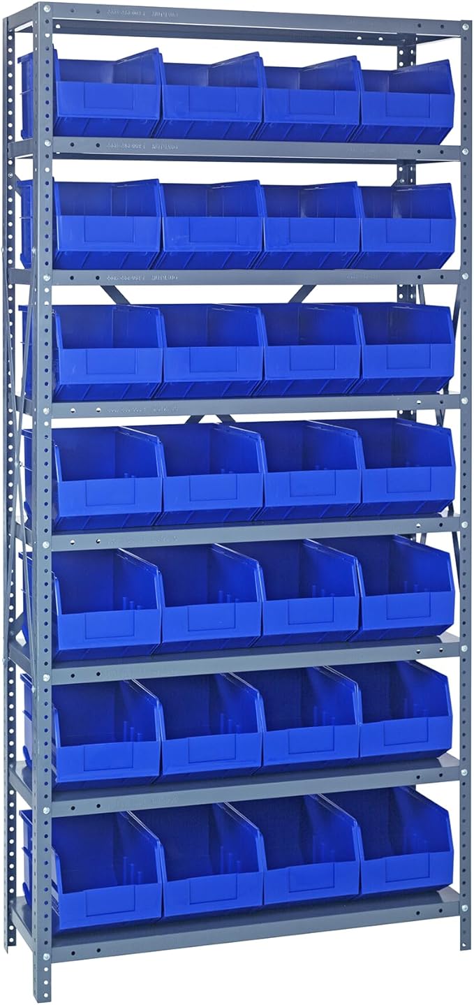 Quantum Storage Systems 1275-443BL Solid Heavy Duty 8 Shelves 28 Stackable Shelf Bins Blue Bins 75" H x 36" W x 12" D