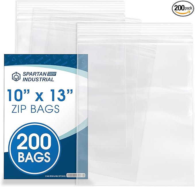Spartan Industrial - 10” X 13” (200 Count) 2 Mil Clear Reclosable Zip Plastic Poly Bags with Resealable Lock Seal Zipper