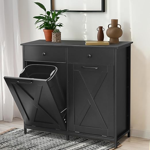 Clevich Double Tilt Out Trash Cabinet 20 Gal, Kitchen Wooden Recycling Holder With Drawers & Tabletop, Dog-Proof Bin, Trash Bins NOT Included (Black)
