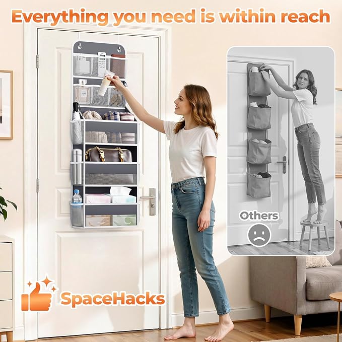 SpaceHacks 5-Tier Over The Door Organizer with Mesh Pockets, Baby Nursery Storage for Closet, Bathroom and Bedroom, Adjustable Hanging Closet Organizer for Cosmetics, Books and Essentials (Dark Grey)